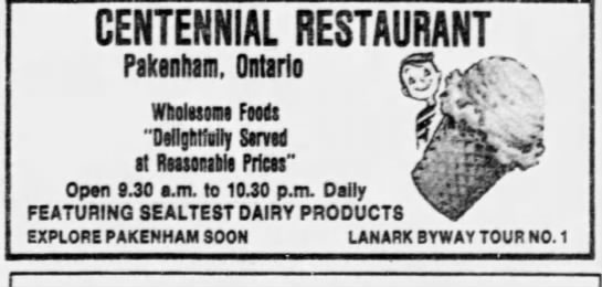 1979 newspaper advertisement for the Centennial Restaurant in Pakenham, Ontario — Wholesome Foods, Delightfully Served